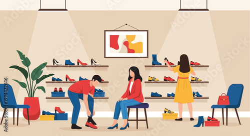 A brightly colored illustration depicts a shoe store with customers trying on various styles of footwear