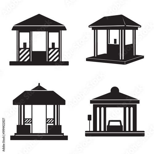 Four different black silhouettes of gas station canopies with various configurations  simple structures with roof and pillars