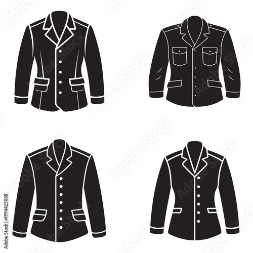 Four different types of mens jackets with buttons and pockets  various styles and designs