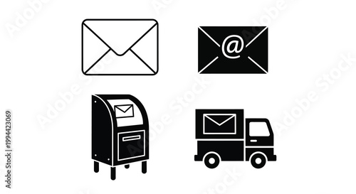 Four black icons representing mail delivery a distinctive silhouette