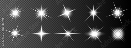 Radiant Star Flare Collection with Glowing Light Bursts and Optical Sparkle Effects Isolated on Transparent Background