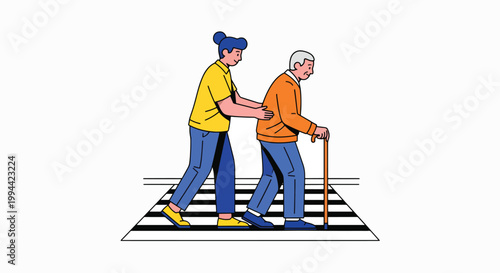 Illustration of a young woman assisting an elderly man with a cane crossing a street at a crosswalk with black and white stripes.