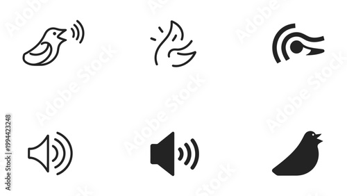 Iconic Symbols of Sound: A collection of minimalist illustrations embodies the essence of auditory experiences, from a chirping songbird to the amplification of sound waves.