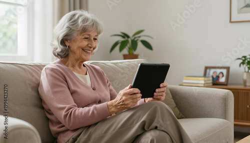 A smiling elderly woman sitting on a couch, holding a tablet displaying a video call with two people. Active senior woman video call tablet living room wide.