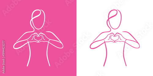 Logotipo minimalista con línea única de una mujer formando un corazón con las manos, para tarjetas y felicitaciones de San Valentín