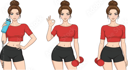 Fitness Woman Illustration Set with Workout Poses, Dumbbell Exercise, Water Bottle, Healthy Lifestyle, and Active Female Character Design for Gym, Training, and Wellness Projects.
