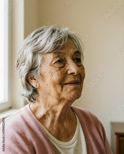 A close-up portrait of an elderly woman with grey hair, wearing a pink cardigan and a white shirt. Active senior close portrait real grandmother.