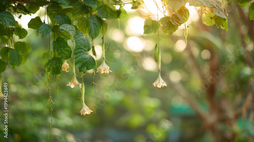 Peaceful Morning Light in a Summer Garden with Greenery Close-up of Green Leaves and Hanging Flowers in Soft Sunlight Sustainable Green Environment and Natural Lighting Concept