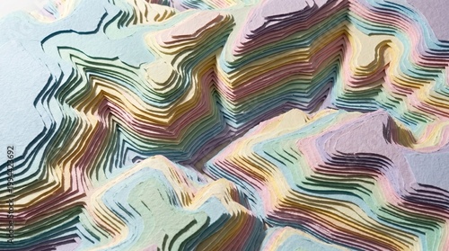 Abstract topographic map background made of stacked pastel colored textured paper layers with sharp shadows mimicking a mountain range