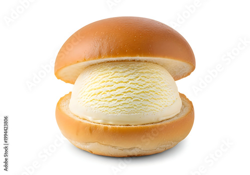 A close-up view of a sliced bun with a soft, fluffy interior