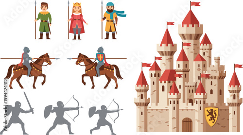 Medieval Fantasy Character Set with Knights, Castle, Mounted Warriors, Archer, and Royal Figures for Games, History, and Story Design Projects.