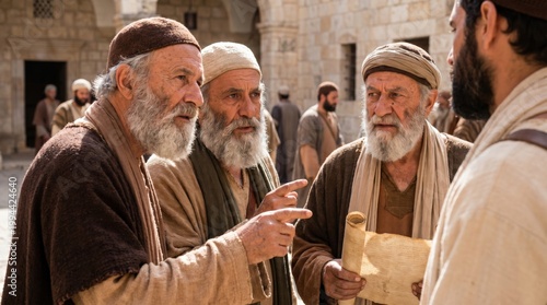 Group of middle eastern men wearing historical robes discussing outdoors. Ancient biblical scene depicting disciples Peter and John sharing testimony. Religious faith and spiritual gathering.