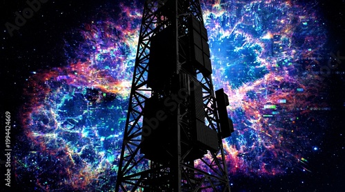 Colossal monolithic data tower in deep space against a brilliant pixelated nebula of digital noise and corrupted data full frame
