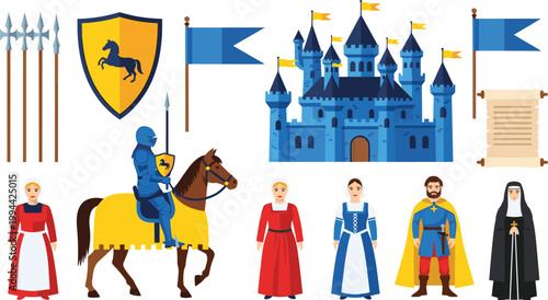 Medieval Kingdom Character and Element Set with Knight, Castle, Horse, and Royal Figures for Games, History, and Fantasy Design Projects.