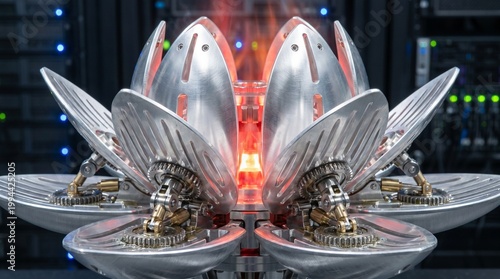 Mechanical silver lotus server cooling unit blooming with brushed aluminum petals to release thermal heat from a glowing processing core