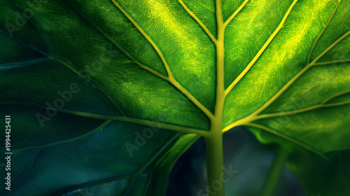 Tropical Green Leaf Texture with Sunlight and Natural ShadowClose Up of Lush Green Leaf Veins in Soft Morning LightAbstract Nature Background with Vibrant Tropical Foliage