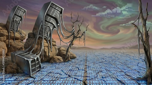 Surrealist landscape of melting server racks drooping over a desolate plain etched with glowing blue binary code under a synthetic swirling sky