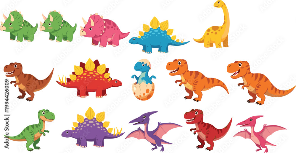 Obraz premium Cute Cartoon Dinosaur Character Set with Colorful Baby Dinos, T-Rex, Stegosaurus, and Pterodactyl for Kids, Games, and Educational Design Projects.