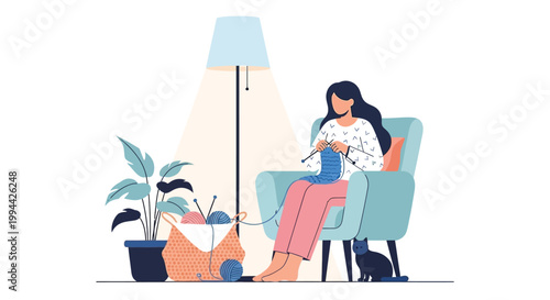 A woman relaxes in a chair peacefully knitting with a cat nearby bathed in soft light