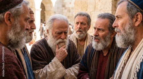 Apostles Peter and John standing before the high priests and Sadducees. Men in ancient clothing discussing biblical events. Religious scene depicting a moment from Acts of the Apostles.