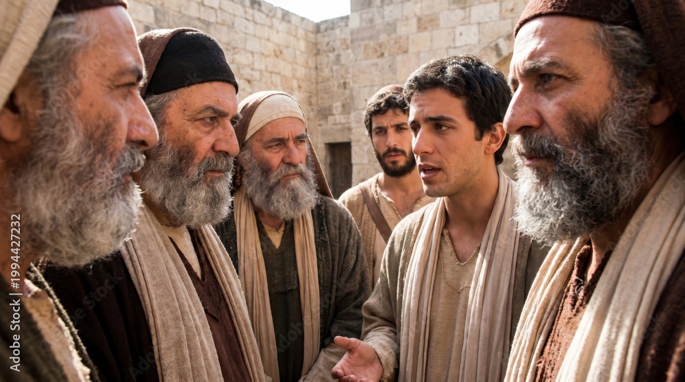 Naklejka premium Apostle Peter speaking to religious leaders and Sadducees. Biblical scene of disciples testifying before council. Faith, public debate and religious confrontation in historical setting.