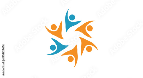 Abstract graphic of stylized people forming a circular collaborative shape in orange and blue tones