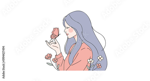 Vector illustration of woman smelling flower, floral bouquet, pink peach blossoms, long hair