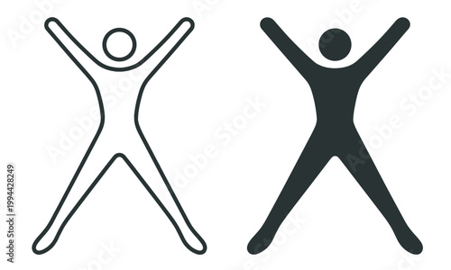jumping female silhouette, raised arms woman outline and solid figure, minimalist vector icon set on transparent background
