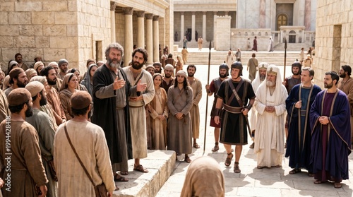 Apostle Peter and John preaching to people in Jerusalem temple court while facing confrontation by Sadducees and guards. Biblical scene from Acts of the Apostles showing faith and conflict.