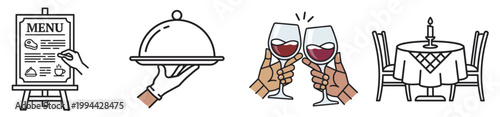 restaurant dining icons with menu tray wine toast and table, food service illustration set isolated on transparent background