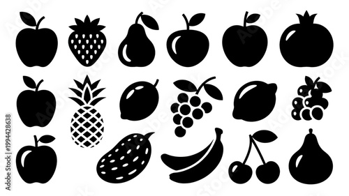 A set of eight black and white prohibited fruit icons on a white background including apples, pears, and grapes
