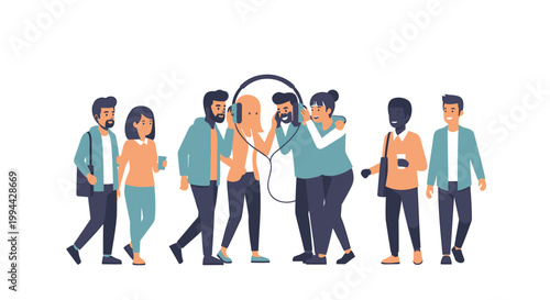 Diverse people walking, group of coworkers, business team, flat illustration, colorful vector graphics