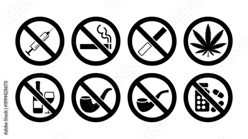 Eight black silhouette illustrations of prohibited drug and substance symbols