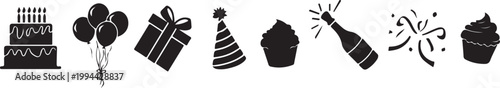 Celebration icons featuring party elements like cake, balloons, and champagne for festive occasions Vector