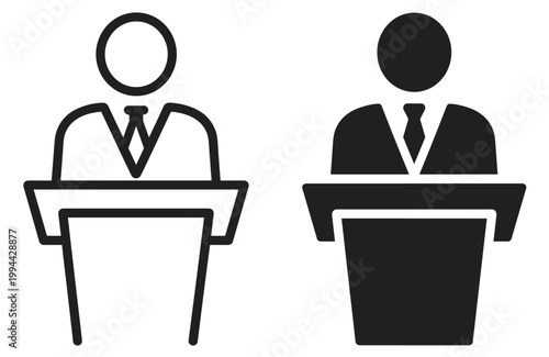 business speaker podium icon, presentation speech conference communication leadership public talk meeting seminar corporate symbols on transparent background