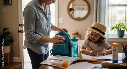 Mother packing blue school backpack while young daughter draws at home table preparing for school day