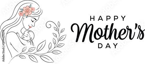 Happy Mother's Day Vector with Elegant Line Art of Mom Hugging Baby and Floral Elements for Greeting Card Design