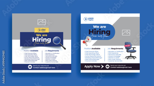 We are hiring job vacancy social media posts square flyer poster web banner corporate recruitment ads hiring promotion minimal business marketing template career opportunity join team now