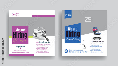 Career opportunity job hiring recruitment notice we are hiring social media posts, square flyer poster web banner corporate hiring ads join team minimal business marketing template global workforce
