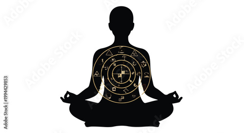 Meditating person silhouette displays a golden astrological wheel on their chest against a clean white background.
