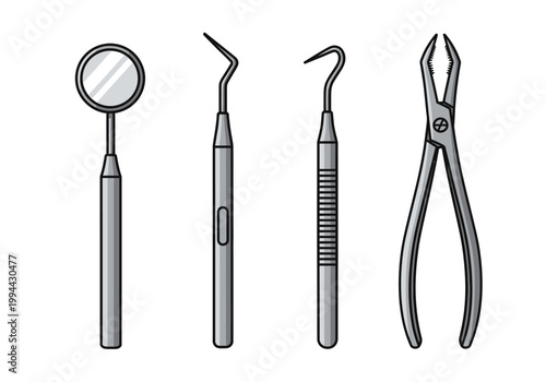 Dental tools arranged on a surface for inspection and use in a clinic