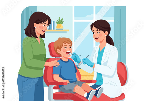 A dentist examines a boy's teeth while his mother watches in a clinic.