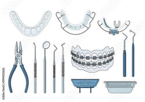 Dental tools and equipment for orthodontic treatment are displayed on a table.