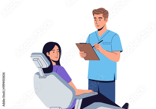Dentist examines smiling patient on chair with clipboard in office