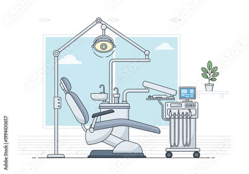 A dentist examines a patient in a modern clinic with dental chair equipment