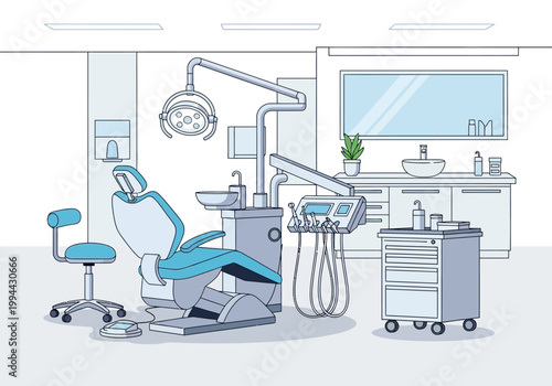 A dentist's office with a chair, tools, and equipment in a clean room