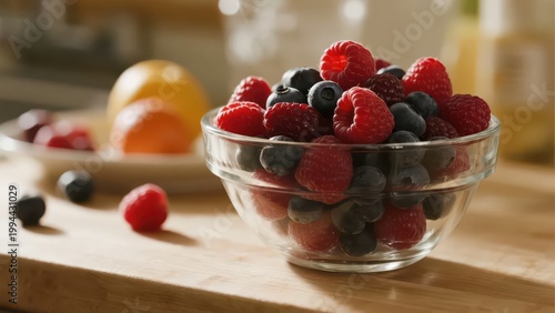 A glass bowl filled with fresh berries under sunlight, presenting a healthy and refreshing healing daily atmosphere, making it a visual material image suitable for food and lifestyle scenarios.