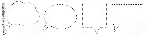 Clean vector set of four distinct speech bubble shapes with dotted outlines thought cloud rounded bubble square bubble and rounded rectangle bubble. Ideal for social media graphics or web design.