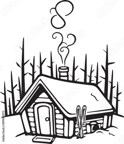 Mysterious cabin in the woods with a question mark floating above a chimney smoke Vector