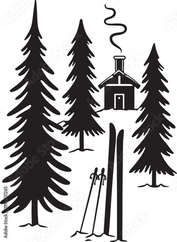 A lone cabin surrounded by tall trees with a hiker resting beside a post in a forest Vector